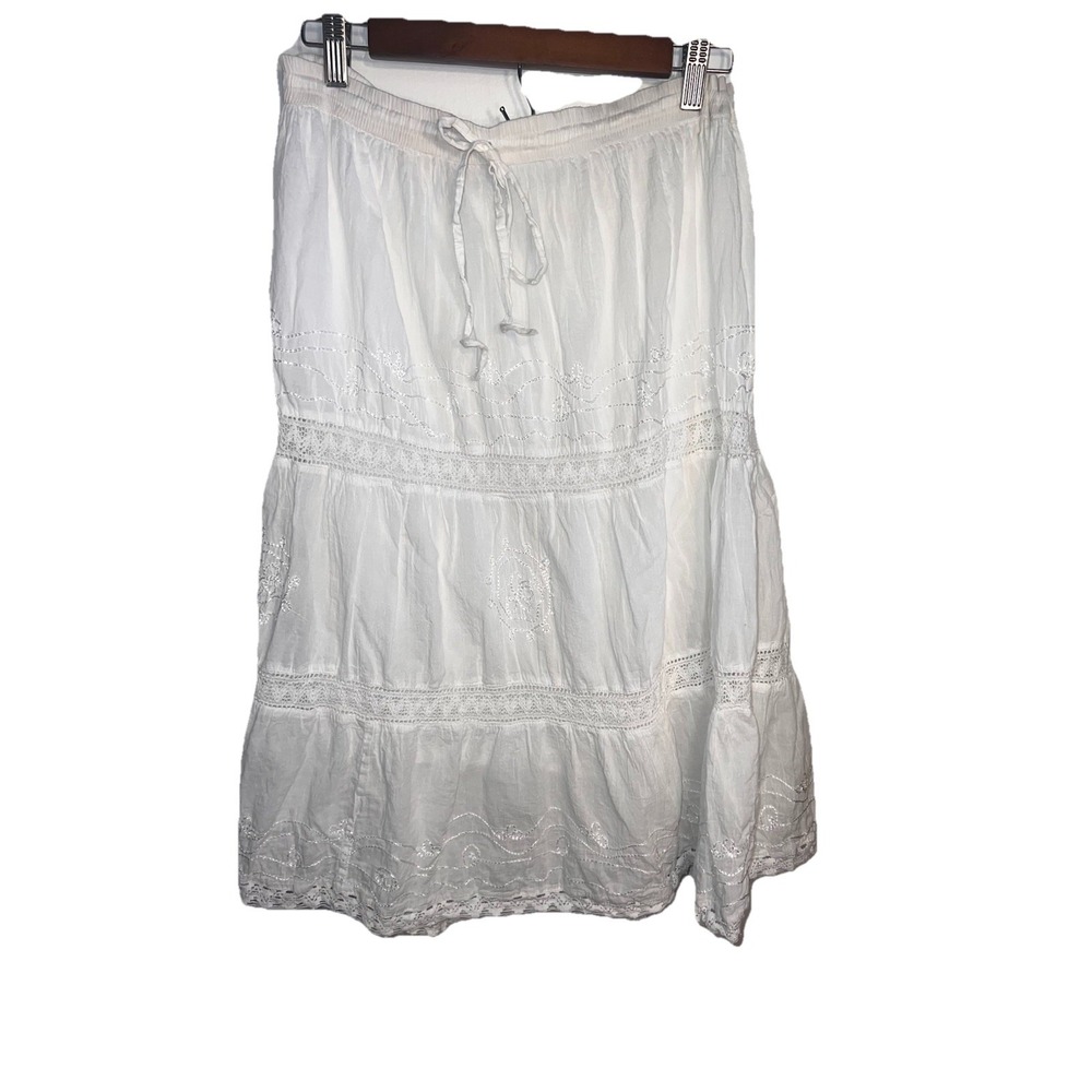 Bohemian Tiered Embroidered CrochetGauzy Drawstring Elastic Waist Midi Skirt OS